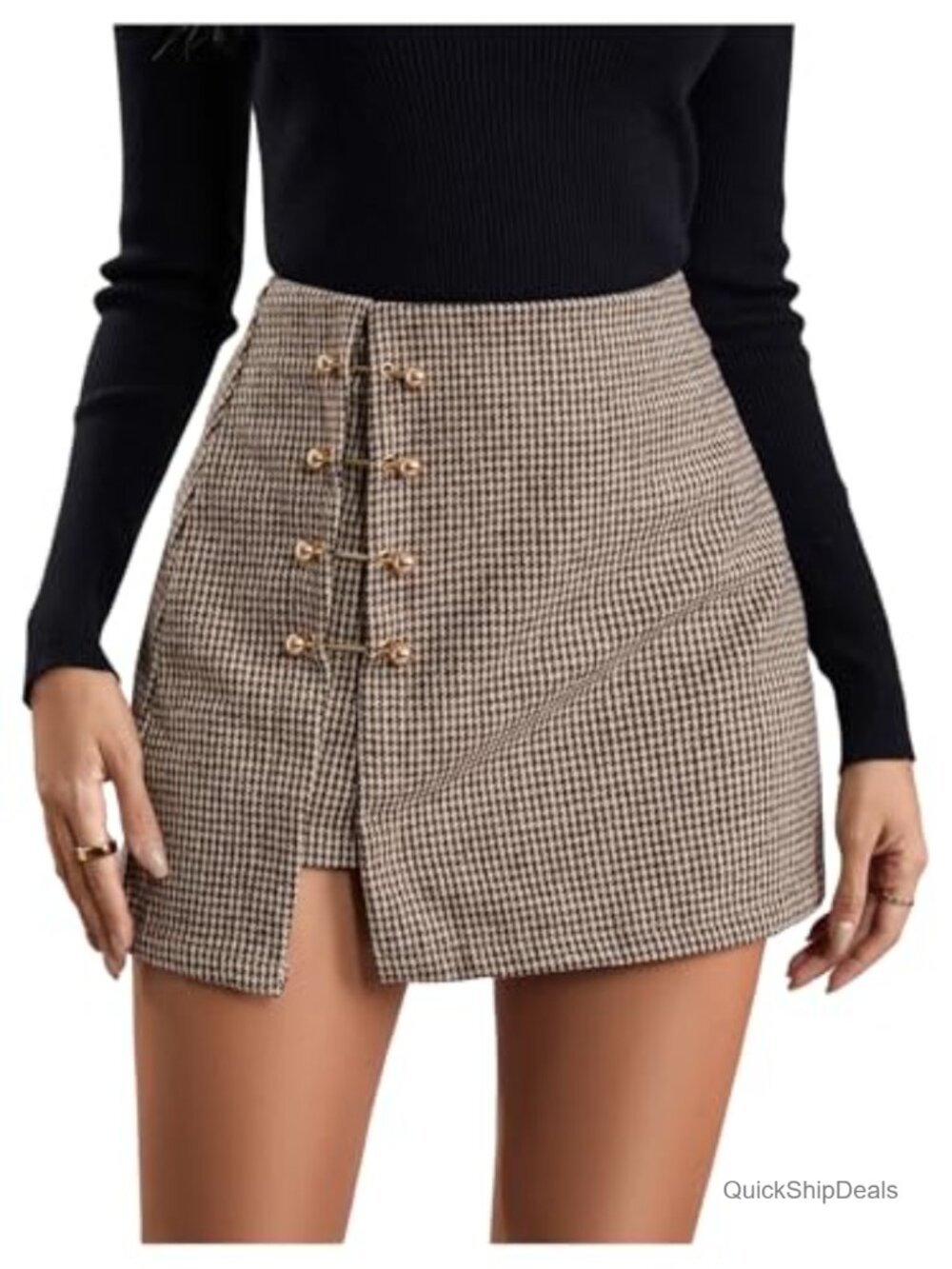 Faux Leather Mini Skirt Slit Metallic Trim High Waisted A-Line Party Clubwear